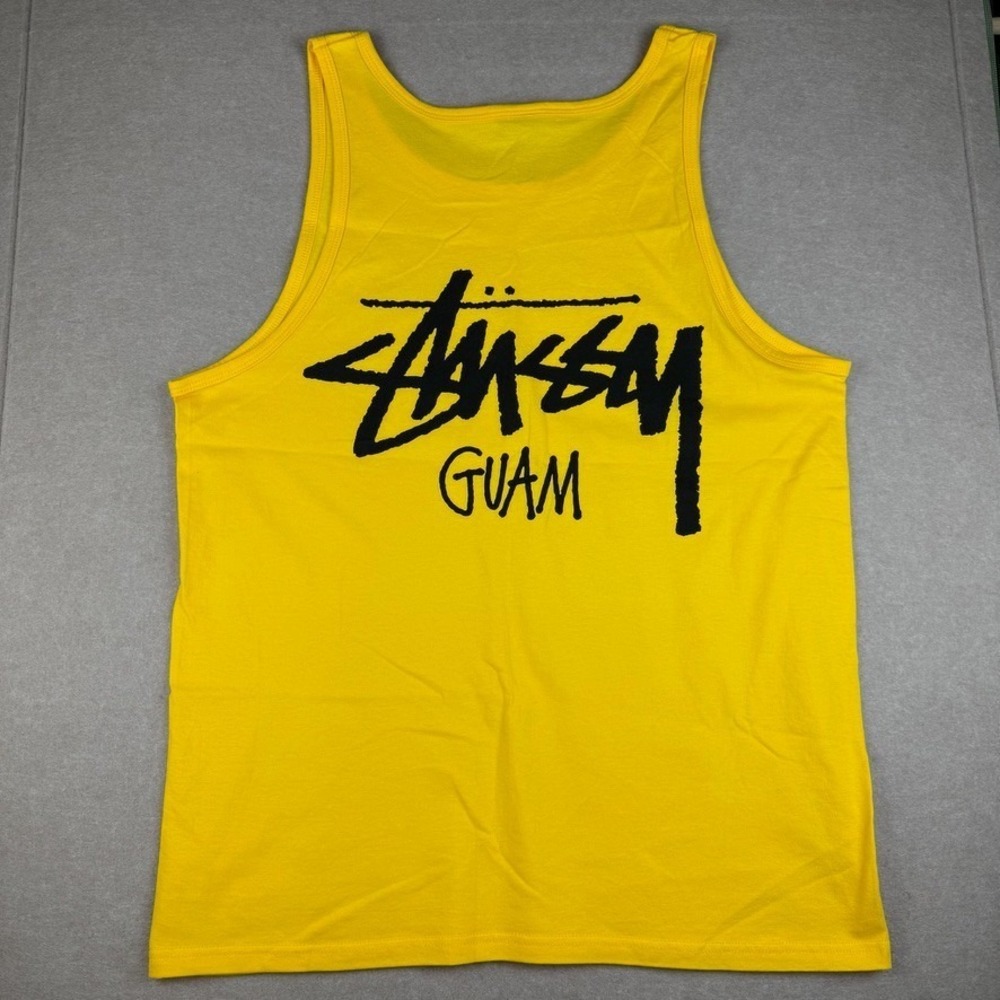 Stussy Guam Tank Top Mens L Yellow Streetwear Graphic Logo Sleeveless Tee